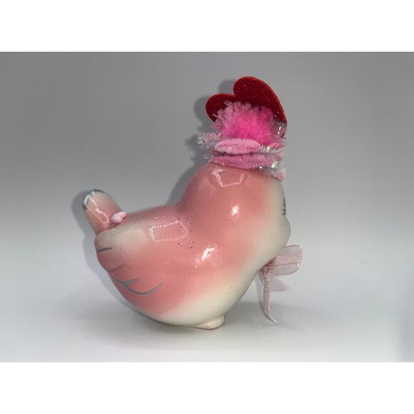 Vintage Pink Ceramic Bird Valentines Day Pink Flower Princess Heart Hat OMG OOAK - Picture 11 of 16